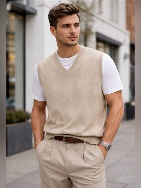 fall 10 Oscar de la Renta Men's V-Neck Sweater Vest Tan  Textured Argyle  XL